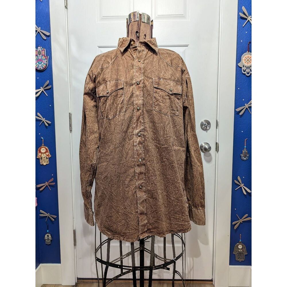 Cowboy Legend 2XL Men’s Western Pearl Snap Shirt – Brown Crinkle Distressed Look